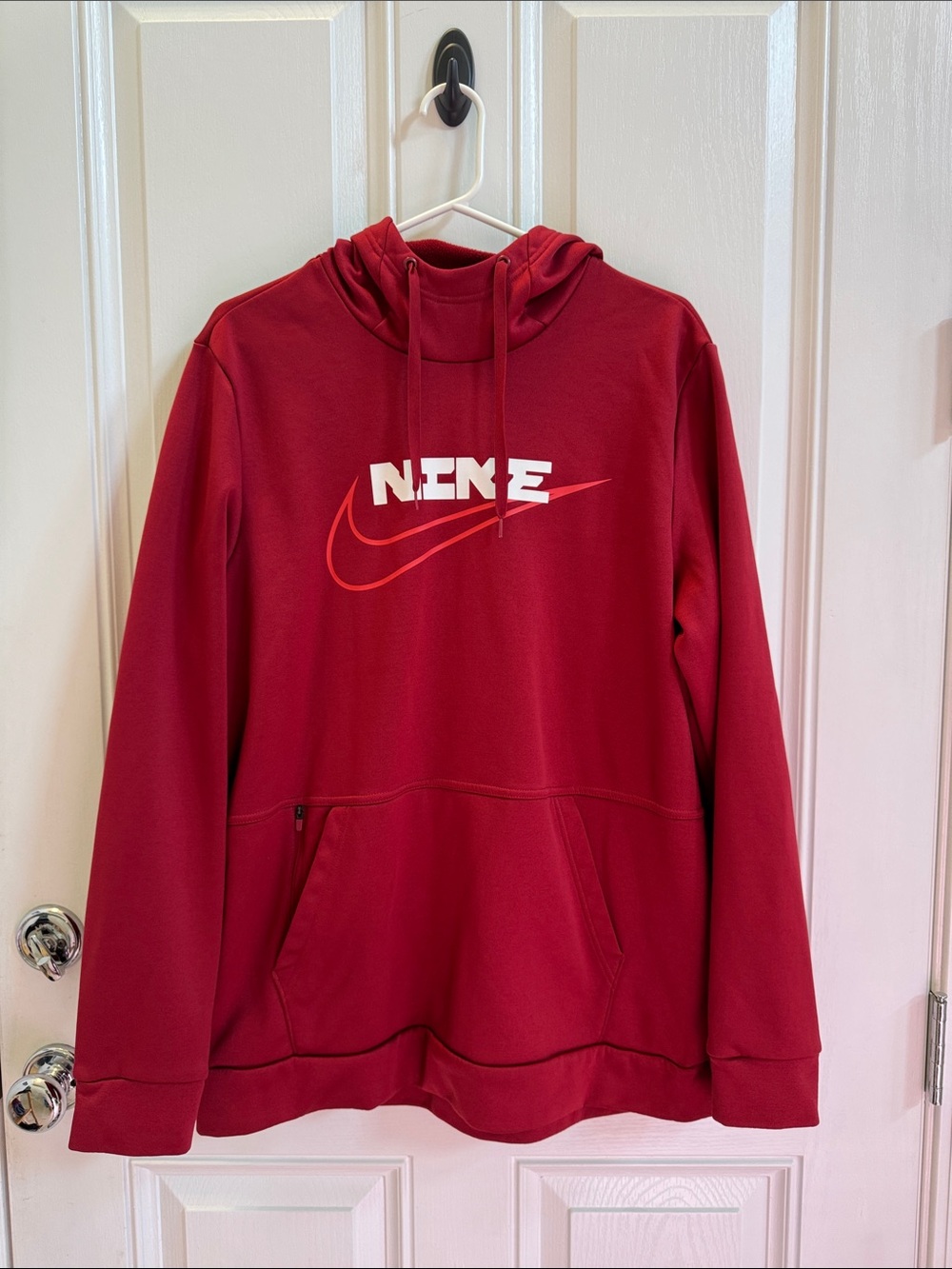 Nike Men’s Red Crewneck Hoodie with White Logo, size Large